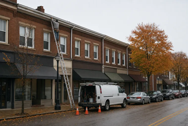 Technician on a tall extension ladder cleaning the second-story gutter of a 1920s brick storefront block on a Lakewood main street