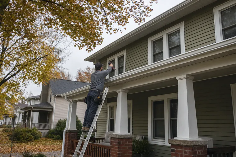 Technician on a ladder re-hanging a sagging white aluminum gutter with a new hidden hanger on a Lakewood two-story